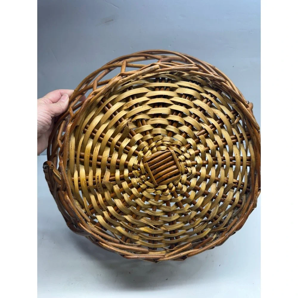 Vintage Portugal Wicker Basket Round Open Weave Lattice Boho Decor Brown 16in